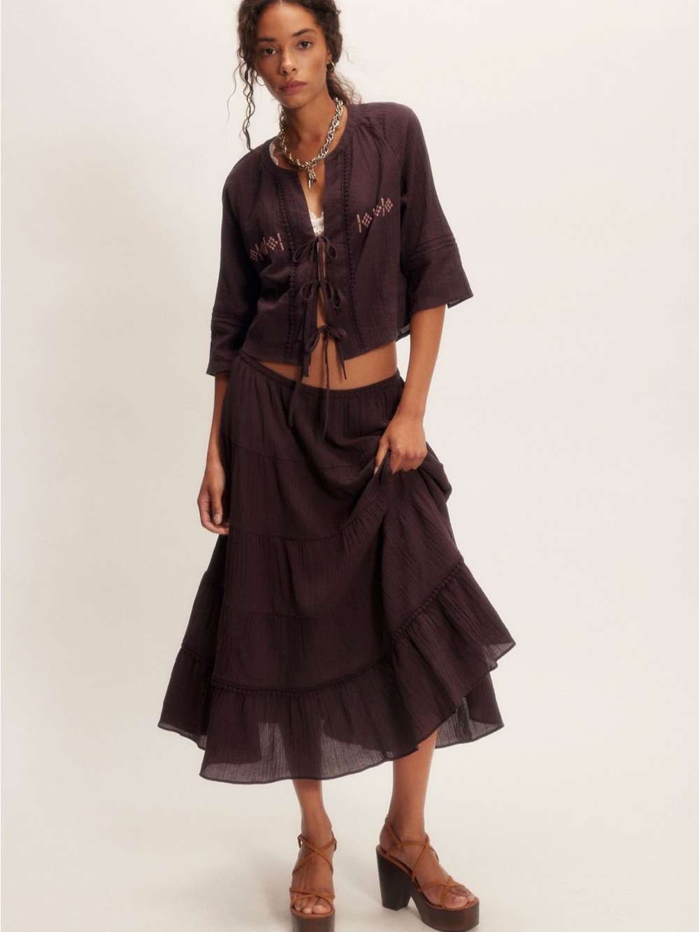NWT Free People Bright Side Midi Skirt Set Black Coffee Brown Cotton Size XL